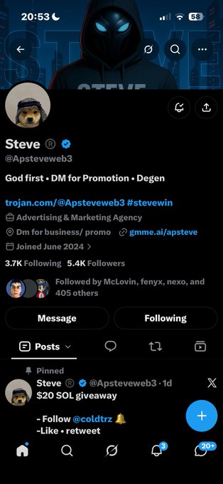Screenshot of a Twitter/X profile for Steve (@Apsteveweb3), an advertising and marketing agency, with a pinned $20 SOL giveaway post.
