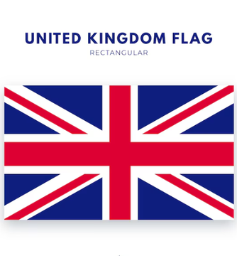 A rectangular United Kingdom flag is displayed beneath the heading "UNITED KINGDOM FLAG" with the subtitle "RECTANGULAR," symbolizing the UK government's efforts to move traditional financial assets like stocks, bonds, and funds onto blockchain technology through a newly established task force.