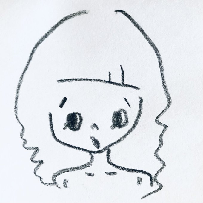 A simple pencil sketch of a stylized character with large eyes, a small mouth, and long wavy hair, wearing a headband.