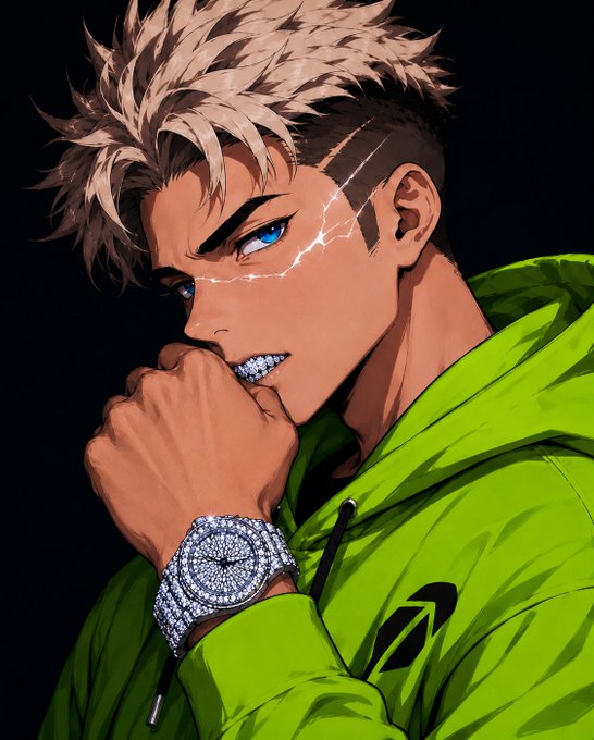 A stylized anime-style PFP of a fierce character with spiky blonde hair, glowing blue eyes, and a diamond-encrusted watch, wearing a bright neon green hoodie. The image's bold, edgy aesthetic aligns with the upcoming launch of a 4,444-piece NFT collection on Robinhood, reflecting the project's streetwear-inspired, hypebeast vibe.