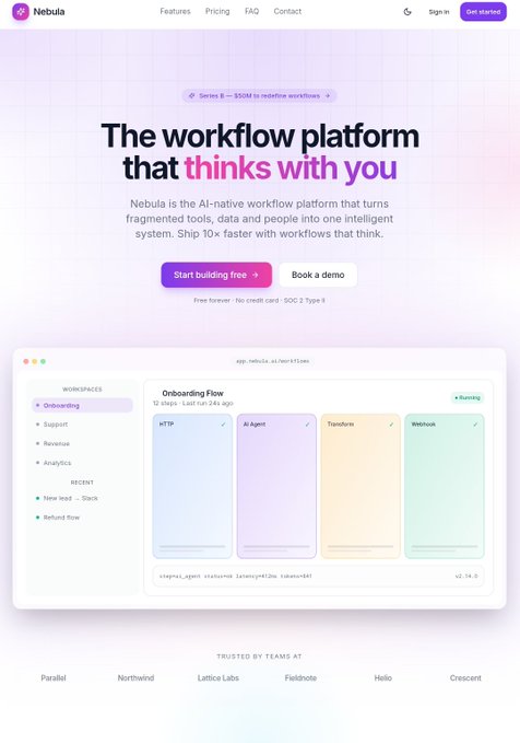 The image shows a website with a purple background, displaying a page that says "The workflow platform that thinks with you." The layout of the webpage features a white header at the top followed by a footer below. There are several buttons on the page, including one labeled "Start Loading" and another labeled "Back to Main Menu," which could be used for navigation or accessing different sections of the website.