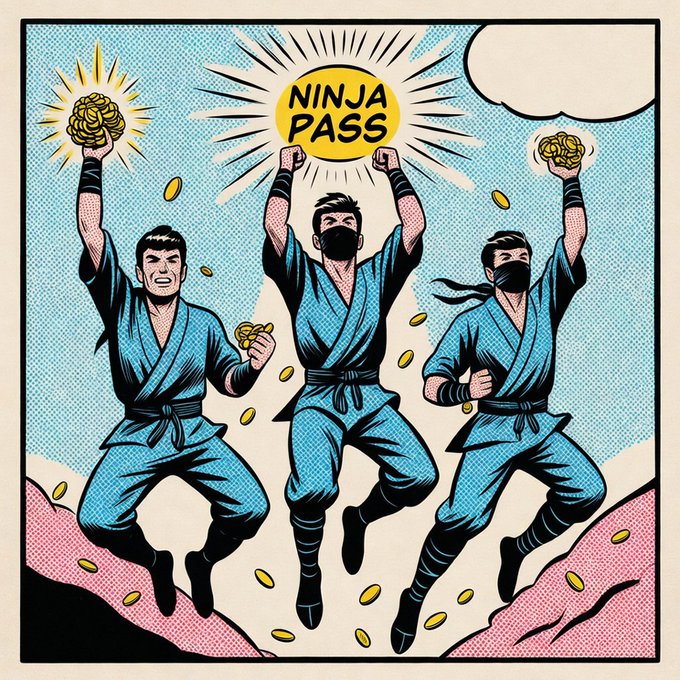 A retro-style pop art illustration of three ninjas in blue outfits jumping joyfully, holding gold coins, with 'NINJA PASS' displayed in a yellow sun graphic above them.