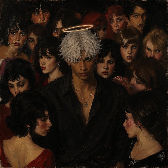 A painted artwork depicting a central figure with white hair and a glowing halo, surrounded by a crowd of women's faces in dark, moody tones.