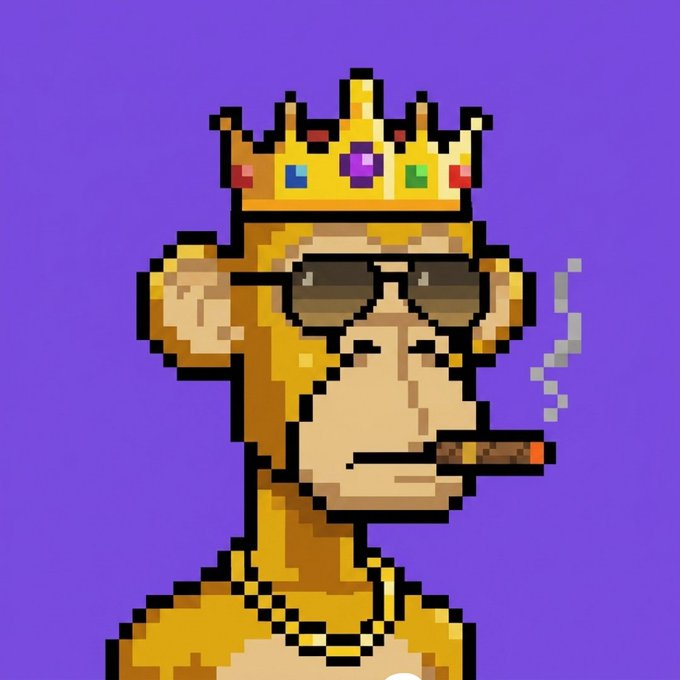 A pixel art illustration of a monkey wearing sunglasses, a gold crown, a gold chain, and smoking a cigar against a purple background.
