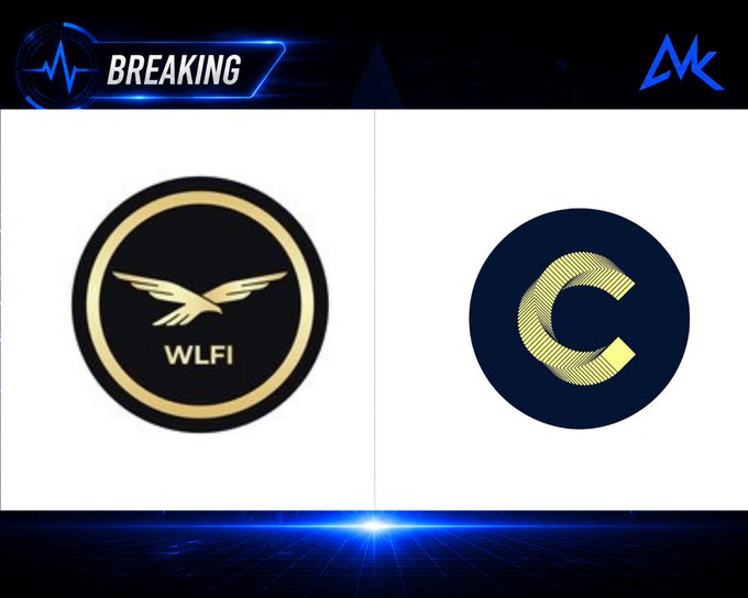 A breaking news graphic displaying two crypto logos side-by-side: a black and gold 'WLFI' emblem with an eagle and a navy blue 'C' logo for Coinbase.