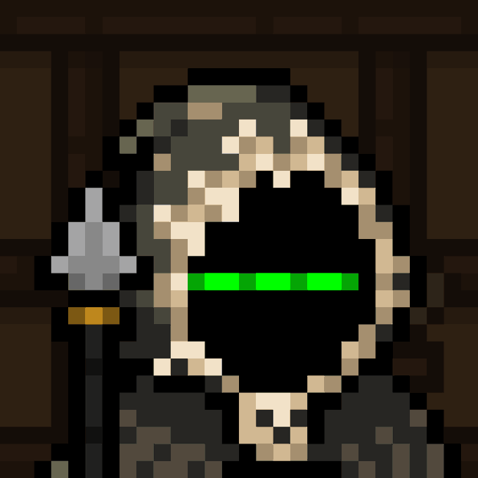 A pixel art image shows a dark, hooded figure holding a sword, with a bright green bar visible across where the face or chest would be.