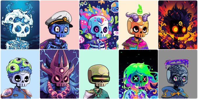 A grid of ten colorful cartoon skull character illustrations with various accessories, hats, horns, and neon designs in different artistic styles.