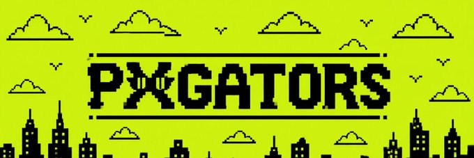 Pixel-art logo reading 'PYGATORS' set against a bright yellow background with a city skyline and clouds.