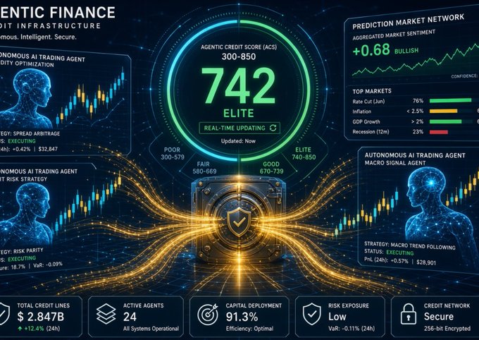 The image displays a futuristic dashboard for "Agentic Finance" featuring a central Agentic Credit Score (ACS) of **742 (Elite)** out of 850, alongside metrics like $2.847B total credit lines, 24 active agents, and a bullish +0.68 market sentiment—visually reinforcing the post's argument that autonomous AI agents need a formalized credit system to prove trustworthiness, rather than just another speculative token.