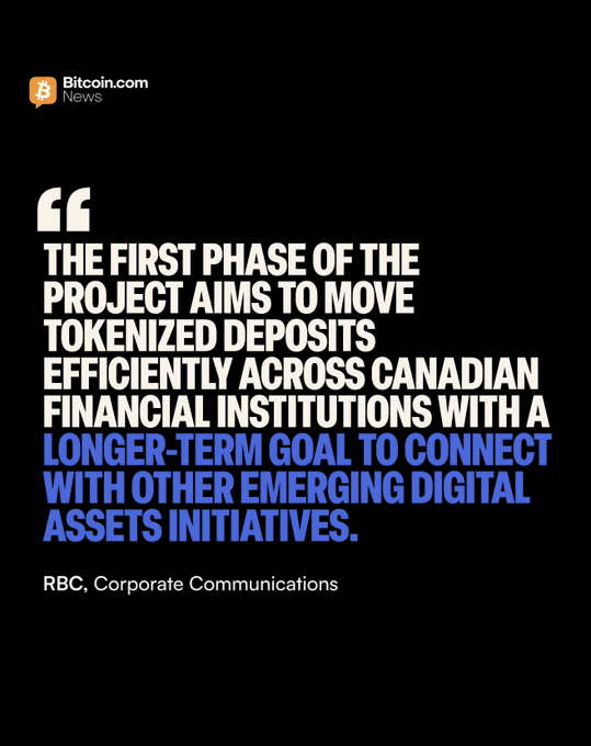 A Bitcoin.com News graphic displays a quote attributed to RBC Corporate Communications stating: "The first phase of the project aims to move tokenized deposits efficiently across Canadian financial institutions with a longer-term goal to connect with other emerging digital assets initiatives." This visually underscores the broader vision behind Canada's Big Six banks' collaborative tokenized deposit project for interbank CAD transfers, set to undergo Phase 1 operational testing by Q4 2026.