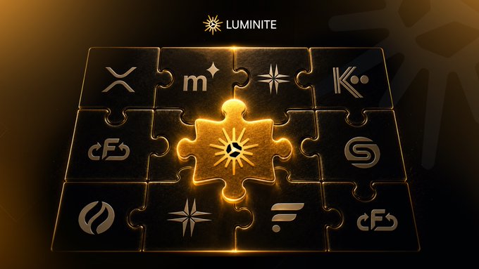 A grid of dark, metallic puzzle pieces, with one central puzzle piece glowing golden and featuring a star-like emblem, under the header 'LUMINITE'.