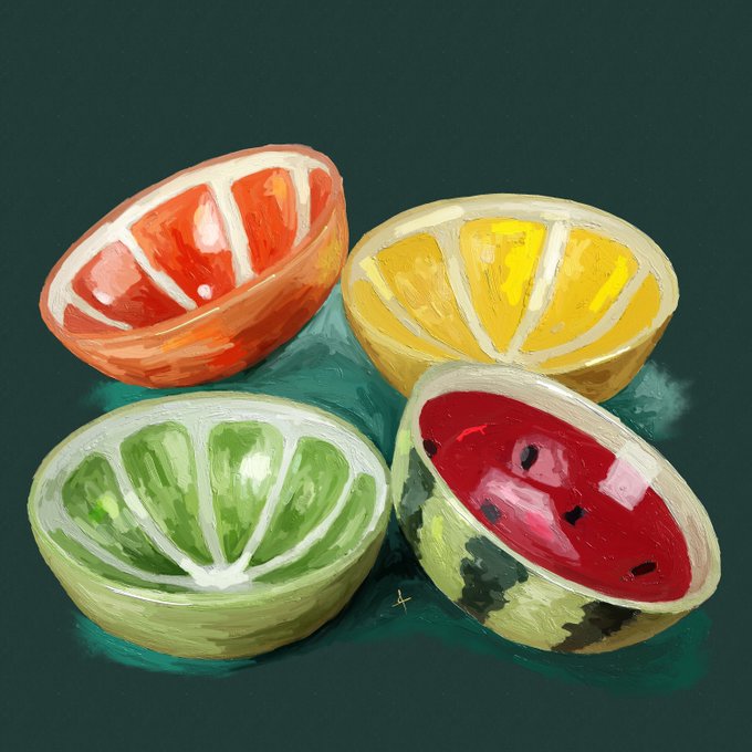 A painting of four hollowed-out fruit halves—grapefruit, lemon, lime, and watermelon—arranged on a dark green surface.