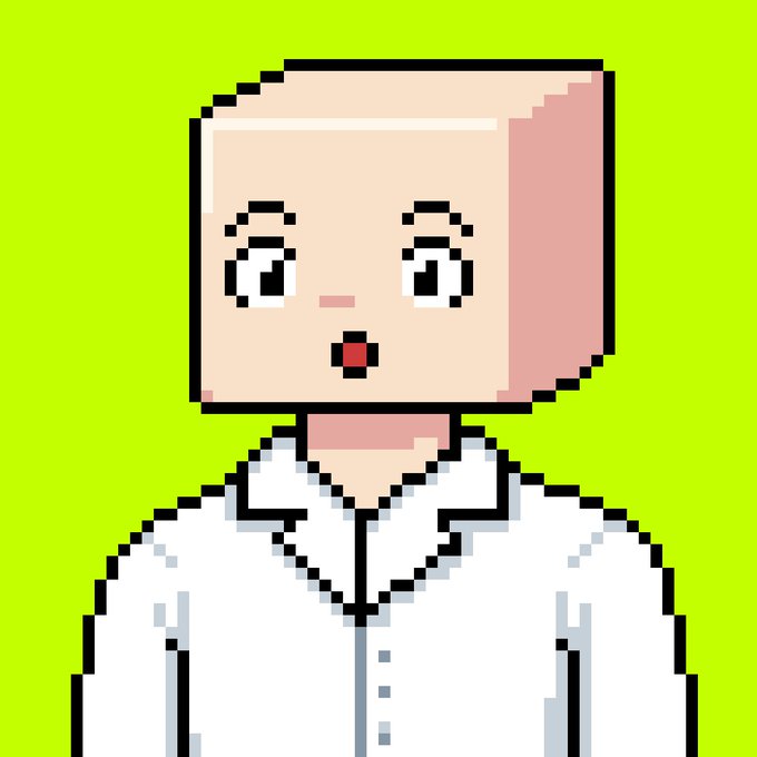 A pixel art character with a large rectangular pinkish head, wide surprised eyes, a small open mouth, and a white collared shirt, set against a solid lime-green background.