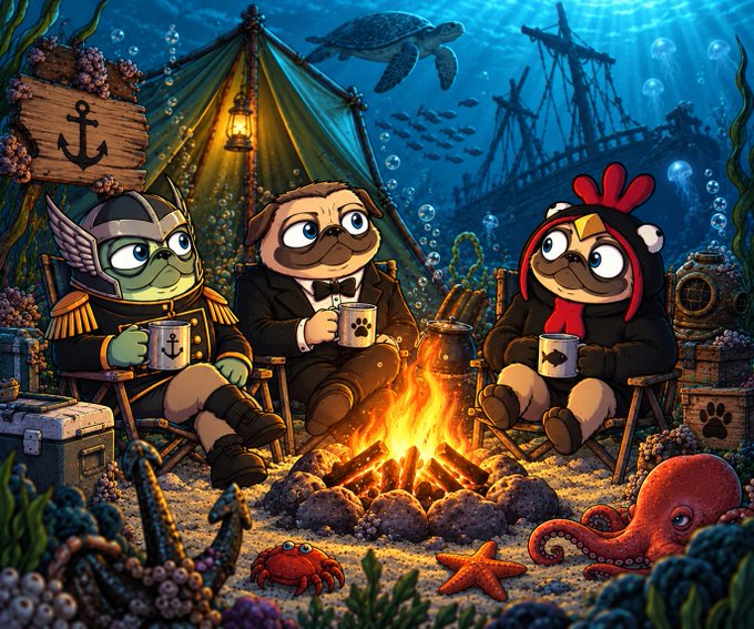 An illustrated scene depicts three cartoon pugs camping underwater, sitting around a campfire with mugs, alongside a crab, starfish, octopus, and a sea turtle swimming overhead.