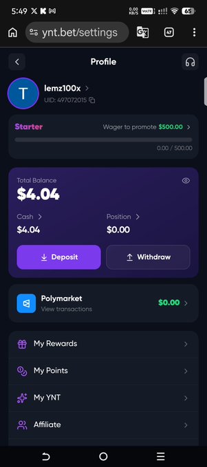 A screenshot of a mobile betting/prediction platform profile for user 'lemz100x' showing a total balance of $4.04 on the Polymarket section.