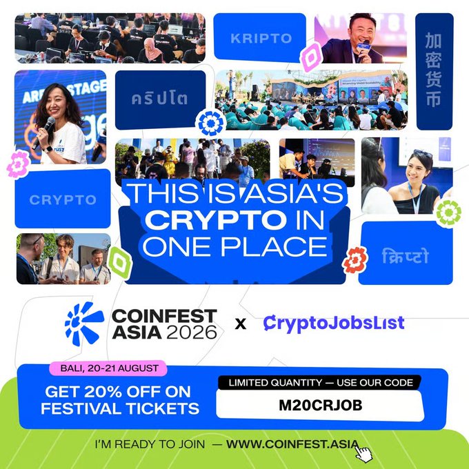 Promotional graphic for Coinfest Asia 2026 × CryptoJobsList, featuring a collage of event photos and the tagline "THIS IS ASIA'S CRYPTO IN ONE PLACE," along with multilingual "crypto" labels (KRIPTO, CRYPTO, 加密货币, क्रिप्टो, คริปโต), event details "BALI, 20-21 AUGUST," and a 20% discount code "M20CRJOB" for festival tickets. The image visually reinforces the post's announcement of the Bali event and the exclusive ticket discount for the CryptoJobsList community.