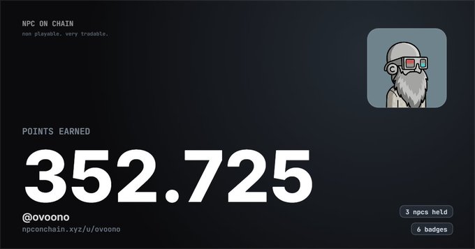 A dark-themed NFT dashboard showing 'NPC ON CHAIN' points earned totaling 352.725 for user @ovoono (3 NPCs held, 6 badges), with an illustration of a bearded character wearing VR goggles.