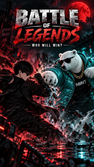 An anime-style action poster titled 'BATTLE OF LEGENDS - WHO WILL WIN?', depicting a dark-haired character punching a polar bear wearing sunglasses, a gold chain, and a jacket labeled 'MINT' against a red apocalyptic backdrop with a blood moon.