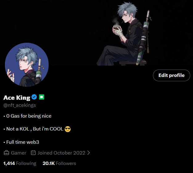 A social media profile for "Ace King" (@nft_acekings) featuring an anime-style blue-haired character with a sword, displaying 1,414 Following and 20.1K Followers, with bio text including "0 Gas for being nice" and "Not a KOL, But i'm COOL."