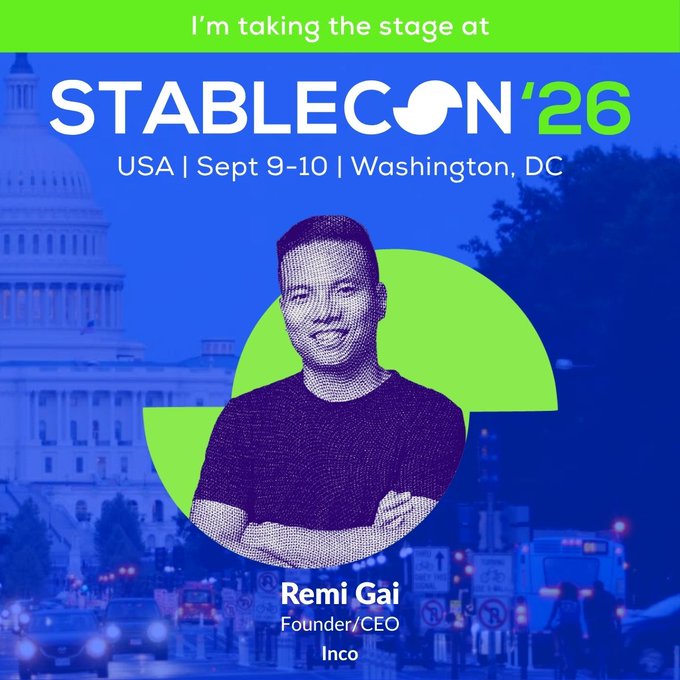 Promotional graphic announcing Remi Gai, Founder/CEO of Inco, as a speaker at STABLECON '26, taking place September 9-10 in Washington, DC, with a blue-toned image of the US Capitol in the background.