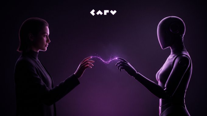 A woman and a humanoid robot face each other, their hands nearly touching as a glowing purple energy stream connects their fingertips, beneath the "CARV" logo. The image visually echoes the post's message about AI agents bridging human and machine intelligence, highlighting CARV's role in building foundational AI identity infrastructure with over 9 million identities.