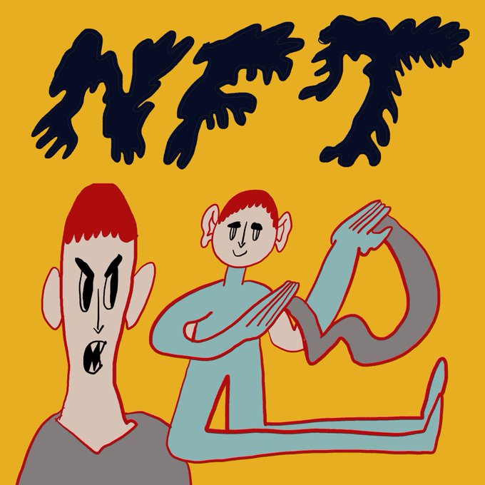 The image features a cartoon illustration of two people, one with red hair and the other with blue hair, standing next to each other against an orange background. The person with red hair has their arms crossed over their chest, while the person with blue hair is holding up a pair of scissors above them. The text "NFT" is written in black at the top of the image, and it appears that these two characters are part of an advertisement for NFTs or non-fungible tokens.