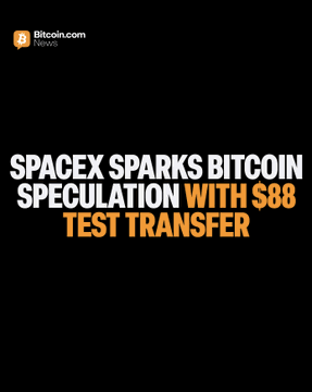 A Bitcoin.com News graphic with bold white and orange text on a black background reads "SPACEX SPARKS BITCOIN SPECULATION WITH $88 TEST TRANSFER," highlighting SpaceX's small $88 Bitcoin transaction that fueled speculation about its 18,712 BTC holdings worth over $1.1 billion.