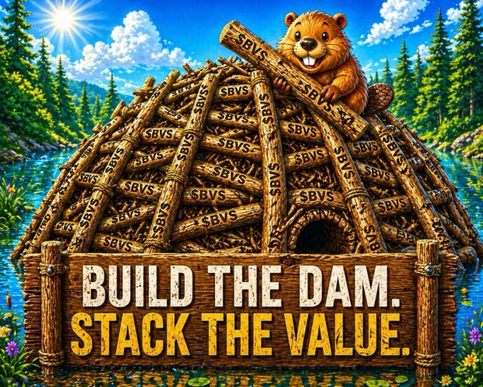 A beaver on a log cabin-style dam made of '$BVS' labeled logs with the text 'BUILD THE DAM. STACK THE VALUE.'