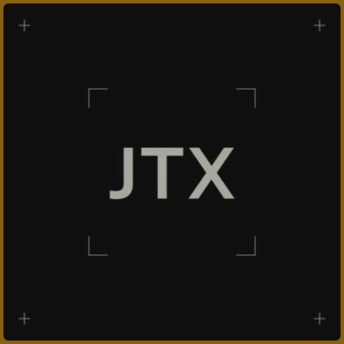 The image displays "JTX" in large white letters centered on a black background, framed by corner brackets and small plus signs in an orange-bordered design that resembles a digital targeting or viewfinder graphic. This represents the ticker/logo for JTX Trade, aligning with the post's reference to the upcoming launch of @jtx_trade built by the Jito team on Solana.