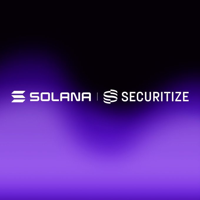 A purple gradient background displaying the white logos for 'SOLANA' and 'SECURITIZE' side by side.