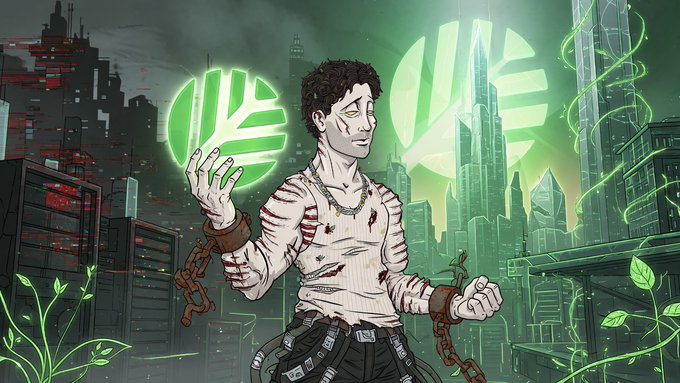 A comic-style illustration of a white-clad, bloodied character with chains on their wrists standing before a futuristic, green-lit cyberpunk cityscape.