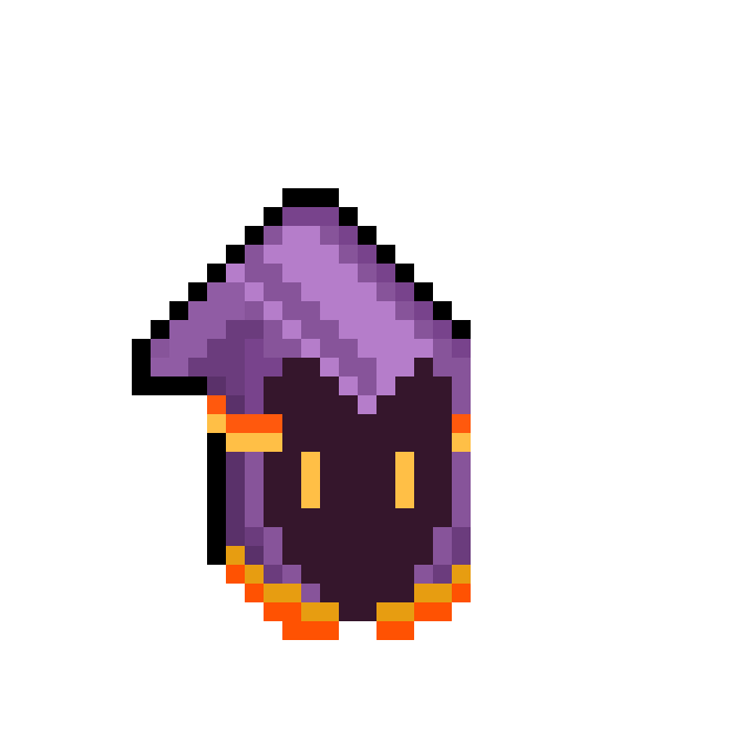 A pixel art design of a purple wizard hat with a glowing yellow door-like shape in the center, bordered by orange pixels.