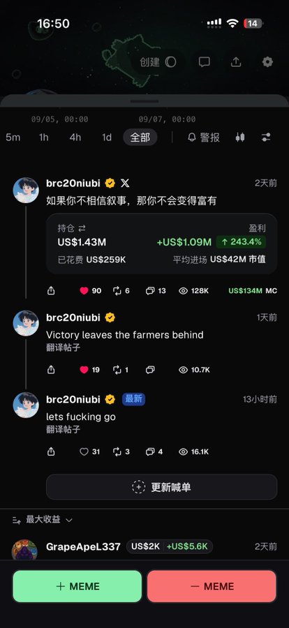 A mobile app screenshot showing user profiles and trading statistics in Chinese, including a user named brc20niubi with holdings of US$1.43M and a 243.4% profit.