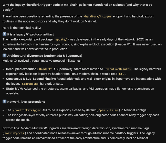 The image is a detailed technical breakdown addressing the non-functional "hardfork/trigger" legacy artifact in mx-chain-go, explaining it was an unfinished V1 protocol experiment from 2021 that never activated on Mainnet due to architectural divergence (Andromeda/Supernova) and network-level protections that close the API by default. The caption relates to the post by confirming the validator's claim that "the kill switch actually was never finished" — the post frames it as an unimplemented 2019 idea borrowed from Cosmos, while the image provides the technical reality showing it as dead legacy V1 code deliberately rendered inert through deprecation, incompatibility with newer protocol versions (HeaderV3, Supernova), and explicit gating.