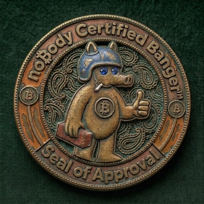 A bronze "NoBody Certified Banger™ Seal of Approval" medallion featuring a helmet-wearing pig with a Bitcoin emblem on its belly giving a thumbs up while holding a brick, displayed against a green background—fittingly certifying the post as a certified "banger."