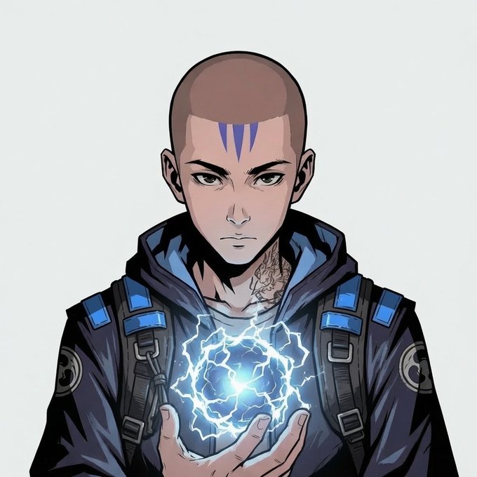 Anime-style illustration of a shaved-head character with a blue forehead tattoo and goatee, wearing a dark hooded tactical jacket, holding a glowing blue energy sphere in his palm.