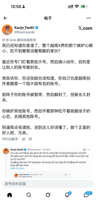 A mobile phone screenshot shows an X (formerly Twitter) post by Kavin_YanKi (@Kavinyanki) containing a Chinese text message accusing someone of being an annoying low-tier writer, translated by Grok.