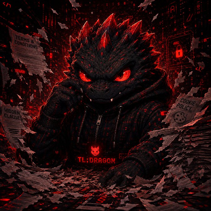 A dark red digital artwork featuring a menacing creature with glowing red eyes and spiked hair wearing a black hoodie with 'TL;DRAGON' text, surrounded by torn papers labeled 'TERMS & CONDITIONS', 'HIDDEN CLAUSES', and 'COOKIE POLICY'.