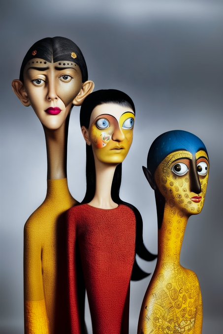 A stylized, three-dimensional artwork features three elongated figures with disproportionately long necks, colorful patterned skin, and unsettling, wide-eyed expressions against a gray background.