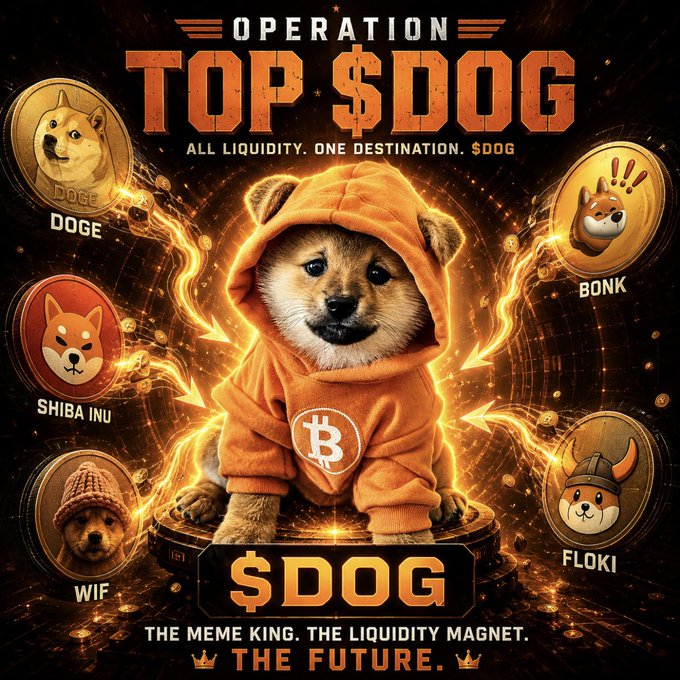 A promotional graphic titled 'OPERATION TOP $DOG - ALL LIQUIDITY. ONE DESTINATION. $DOG' featuring a Shiba Inu in an orange Bitcoin hoodie surrounded by DOGE, SHIBA INU, BONK, WIF, and FLOKI coins, with 'THE MEME KING. THE LIQUIDITY MAGNET. THE FUTURE.' text.