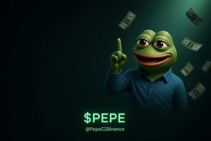 A 3D-rendered Pepe the Frog character wearing a blue shirt, pointing upward with money floating around him, branded as '$PEPE @PepeCZBinance'.