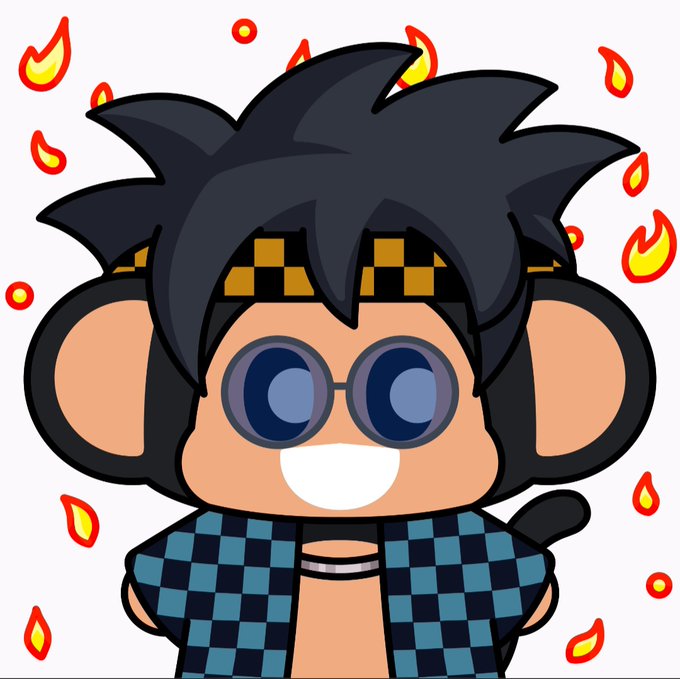 A chibi-style cartoon character with spiky black hair, round glasses, mouse-like ears, and a checkered scarf, surrounded by cartoon flames.