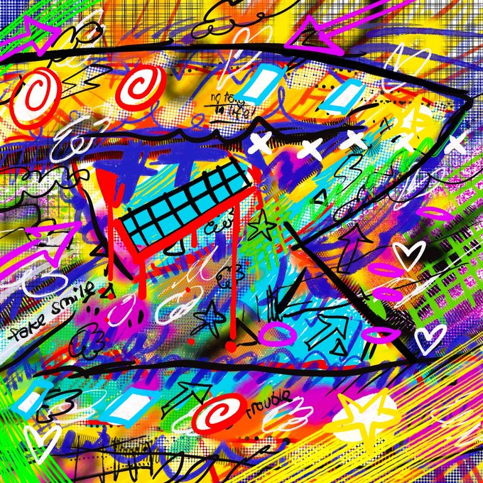 Vibrant graffiti-style artwork featuring a stylized open mouth with teeth, surrounded by colorful splashes, hearts, stars, and text including 'fake smile' and 'trouble'.