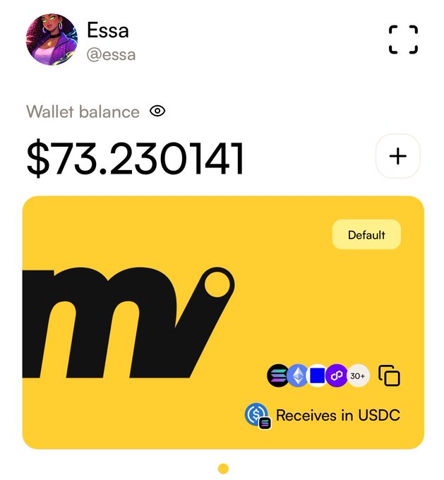 The image shows a digital wallet screen for user "Essa" (@essa) displaying a wallet balance of $73.230141 USDC, with a yellow Moove card marked as "Default" that supports multiple networks and indicates it "Receives in USDC." This relates to the post as it serves as promotional material for a $20 giveaway by Moove, where participants are required to register on the Moove app using referral code "Web3Xcreators" and submit their Moove username—which Essa appears to be demonstrating by showing their existing Moove wallet profile.