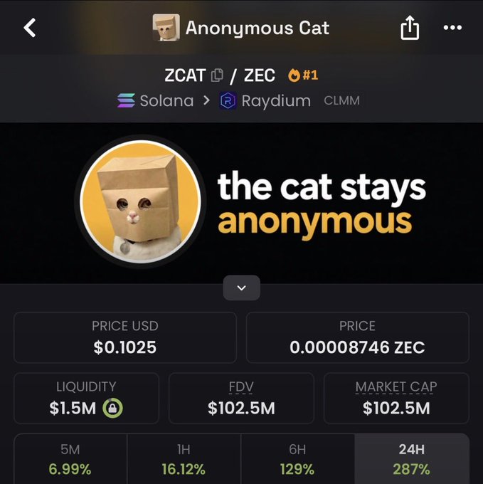 Screenshot of the ZCAT token (ZCAT/ZEC) on Raydium CLMM via Solana, showing a price of $0.1025, $1.5M liquidity, $102.5M FDV, and price changes of 6.99% (5M), 16.12% (1H), 129% (6H), and 287% (24H), with the tagline 'the cat stays anonymous.'