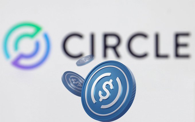 The Circle cryptocurrency logo appears alongside blue USDC stablecoin tokens against a white background.