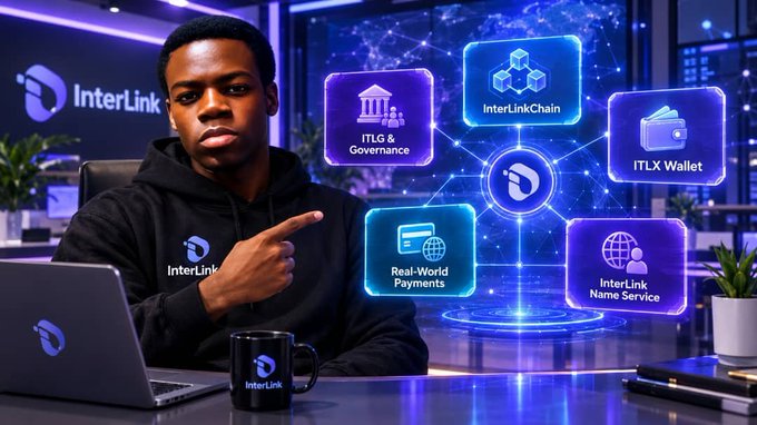 InterLink promotional image showing a young man pointing toward floating feature icons including 'ITLG & Governance', 'InterLinkChain', 'ITLX Wallet', 'Real-World Payments', and 'InterLink Name Service'.