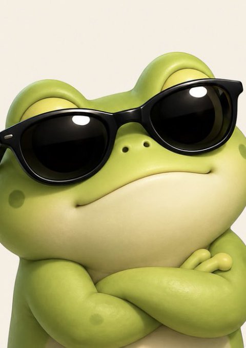 A smug green frog wearing black sunglasses stands with crossed arms, looking unfazed despite the news that "Trader Frogmanhaha's" FOMO wallet was just hacked for over $4M at Token2049—his cocky expression perfectly capturing the irony of a trader meme'd for their misfortune.