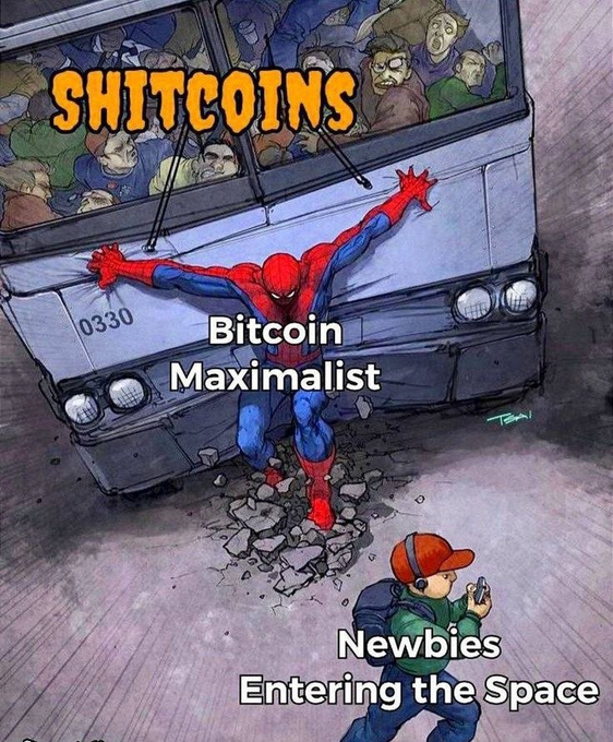 A meme featuring Spider-Man stopping a bus labeled 'SHITCOINS', labeled as 'Bitcoin Maximalist', while 'Newbies Entering the Space' walk toward the scene.