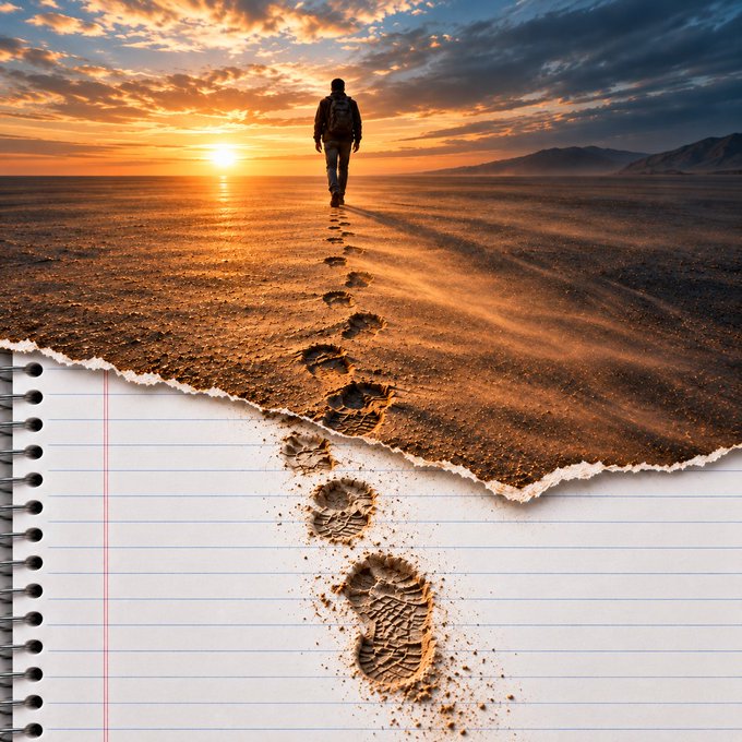 A surreal image showing a person walking away on a desert landscape at sunset, with footprints leading onto a torn piece of notebook paper.